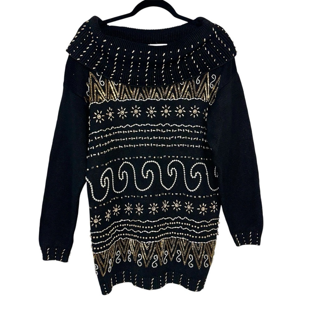Victoria Jones Vintage Black Cowl Neck Embellished Sweater